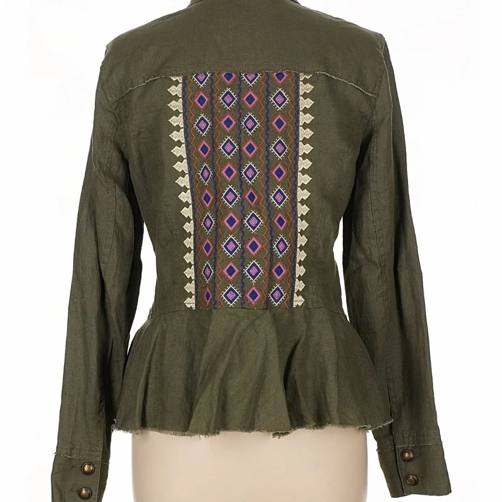 INC Linen Olive Green Women's Jacket - Peplum Waist - Large EUC Safari Style